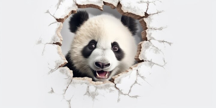 Cute Panda peeking out of a hole in wall, torn hole, empty copy space frame, mockup. Generative AI image weber.