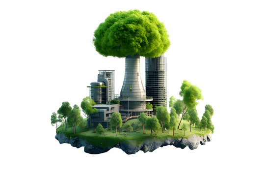 3D building nuclear power plant Sustainable green Eco-friendly with forest trees for reducing heat and carbon dioxide, Environmental protection creative idea concept. isolated on white, ai generate