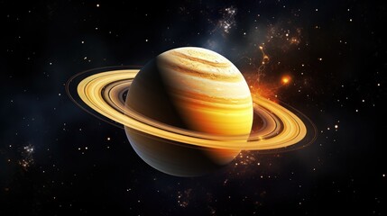 Naklejka premium Saturn in the Cosmos: An artistically rendered image showcases Saturn's mesmerizing beauty, its iconic rings glistening amidst the star-studded darkness of space.