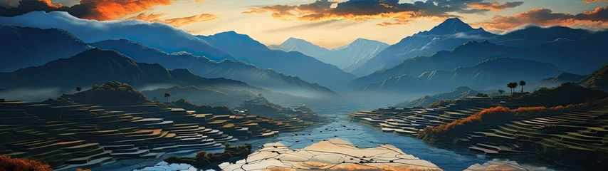 Deurstickers a dramatic sunset over terraced rice fields, with reflections in the water and mountains towering in the background.  Ultra-wide, panoramic © DigitalArt