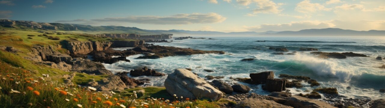  panoramic image depicts a breathtaking coastal landscape, with wildflowers dotting the foreground, rocky cliffs, and the ocean extending towards the horizon under a clear sky.