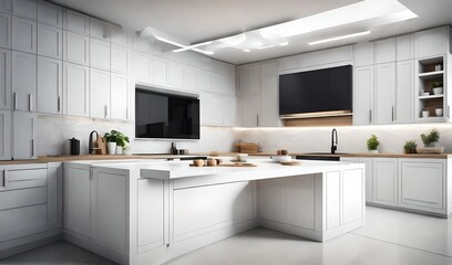 luxury kitchen room, with beautiful LED TV on the wall, with full white  background,