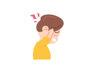 illustration of a boy who has a headache. headache and throbbing. child is sick. health problems. migraine disease, funny and cute characters. vector element design. white background