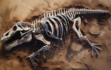 Obraz premium a skeleton or skull of dinosaur printed on soil desert