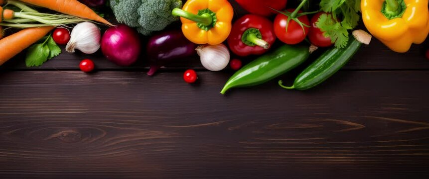 Anamorphic video fresh vegetables frame on kitchen table with space for text