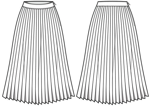 Women a line knife pleat Skirt flat sketch illustration, Long pleated skirt for casual wear fashion technical drawing vector template mock up