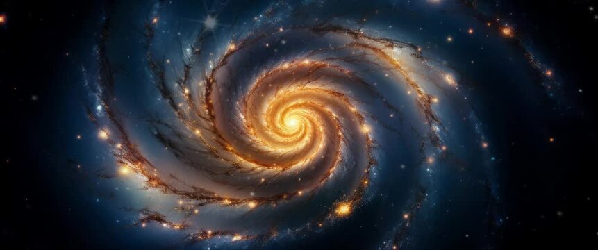 Anamorphic video spiral space galaxy cosmos background. Spiral galaxy in a black background.