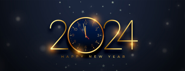 happy new year 2024 greeting banner with golden clock design