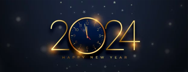 Fotobehang happy new year 2024 greeting banner with golden clock design © starlineart