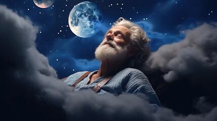 older man sleep at night on cloud, relax concept lullaby 
