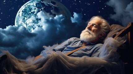 older man sleep at night on cloud, relax concept lullaby  - obrazy, fototapety, plakaty