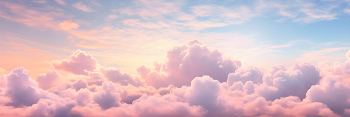 Naklejka na ściany i meble Beautiful background image of a romantic blue sky with soft fluffy pink clouds. Panoramic natural view of a dreamy sky