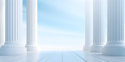 Beautiful airy widescreen minimalistic white and light blue architectural background banner with marble columns