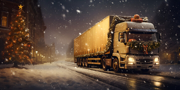 Holiday Truck with Christmas Decoration ,,,,
Christmas Delivery Van in Winter AI Generative
