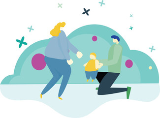 happy Young family with child playing in the garden vector illustration. 