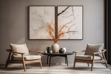 Modern living room composition with two chairs and a coffee table
