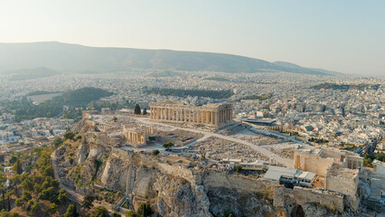 Athens, Greece. Acropolis of Athens in the light of the morning sun. Summer, Aerial View