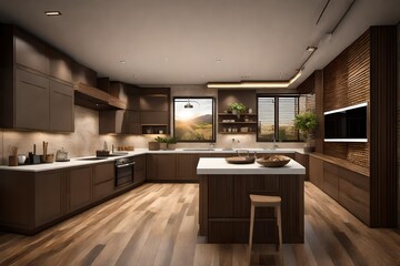  luxury kitchen on right side, with beautiful LED TV on the wall of front is on, with full brown background ,the window