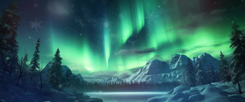 Anamorphic video snowy natural scenery at night with aurora sky. A beautiful green and red aurora dancing over the hills.
