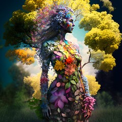 Fototapeta na wymiar mother nature full body blended with a tree surrounded by bushes with colorful flowers 