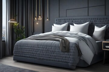  luxury grey color bed, out side view of night star view,
