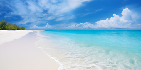 Beautiful sandy beach with white sand and rolling calm wave of turquoise ocean on Sunny day on background white clouds in blue sky. Island in Maldives, colourful perfect panoramic natural landscape