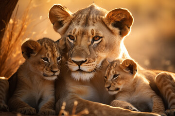 Lioness and Cubs Share a Touching Moment on the Savannah, Heartwarming Bond, tender moment, love and affection shared between mother and cubs, powerful and emotive relationships in animal kingdom - obrazy, fototapety, plakaty