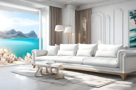 luxury sofa white color with bed, with painting of landscape into room, out side view of sea, with white back ground