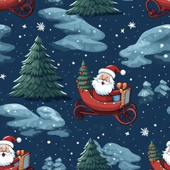 seamless pattern Christmas tree sleigh Santa Claus