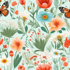 seamless pattern flowers and butterflies