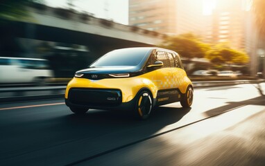 Modern yellow EV taxi on a city street with blur motion effect. Generative AI