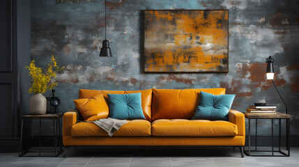Colorful sofa against of concrete wall with grunge tiled paneling. Loft interior design of modern living room