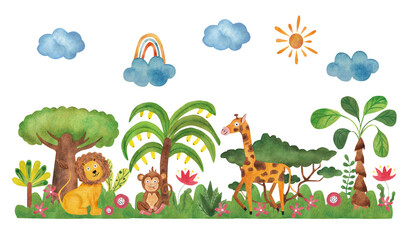 Jungle. Watercolor illustration in cartoon style. Watercolor landscape palms, trees, bushes giraffe, monkey, lion. Horizontal landscape.