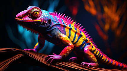 neon animal reptile with colorful natural colors, black background - obrazy, fototapety, plakaty