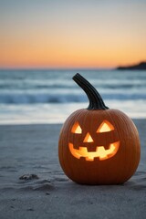 A Jack O'Lantern on a beach at sunset