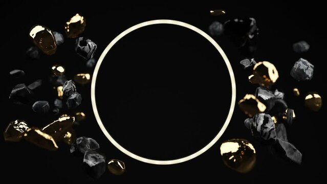 Exhibition dark podium, display with stones and gold crystals - 3d render. Mystical, magical, fantastic showcase for advertising and product presentation. Abstract platform with geometric objects.