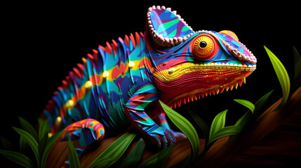 neon animal reptile with colorful natural colors, black background