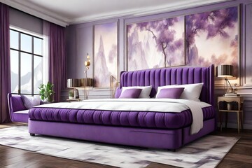 closeup and 3D view, of luxery sofa purple colour bed with painting of landscap into room, with white back ground