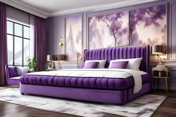 Papier Peint photo Aubergine closeup and 3D view, of luxery sofa purple colour bed with painting of landscap into room, with white back ground