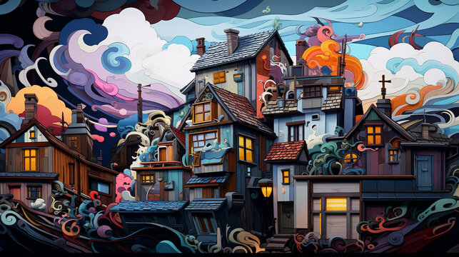 abstract painting filled with colorful and animals on the roof of a house
