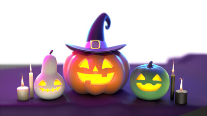 high-quality  halloween pumpkin with candles  on table, 3D style, transparent background