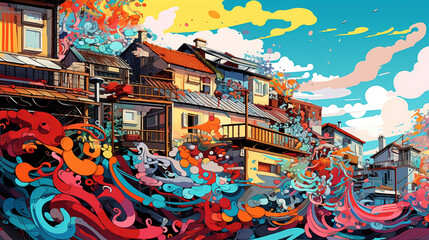 abstract painting filled with colorful and animals on the roof of a house - obrazy, fototapety, plakaty
