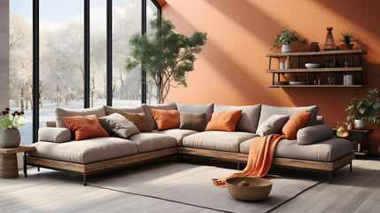 Cozy terra cotta fabric corner sofa near window. Scandinavian interior design of modern living room