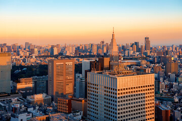 Skyscrapers towering over the cityscape of Nishi-Shinjuku, Tokyo, Japan at sunset - Powered by Adobe