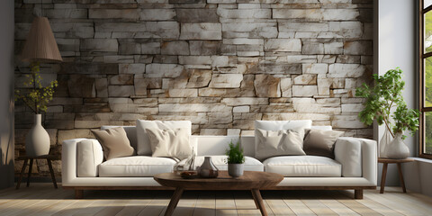  Cozy white sofa against marble stone wall. Interior design of modern living room