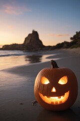 Jack O'Lantern on a beach at sunset