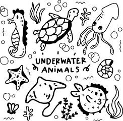 hand drawn underwater animals line design