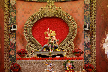 Fototapeta na wymiar 19 September 2023, Pune, Maharashtra, India, Beautiful idol of Lord Ganesh installed by Bhausaheb Rangari Ganpati during Ganesh festival 2023.