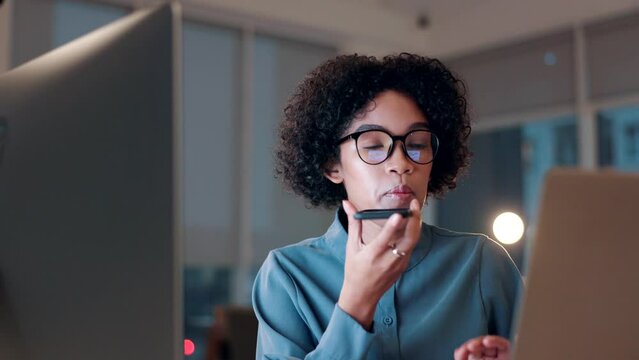 Business woman, phone call and speaker at laptop in office for voice chat, sound or contact late at night. Worker, mobile communication and microphone for audio app, consulting and speech at computer
