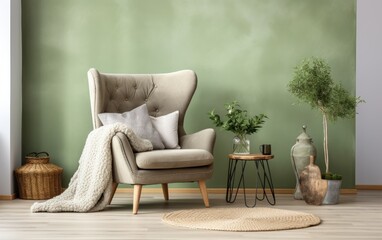Cozy curved tufted wing chair with pillows in boho interior. Generative AI